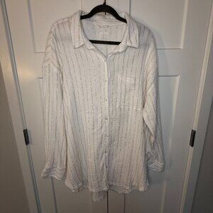 Aerie Women's Button Up Long Sleeve White & Gold Striped Waffle Knit Shirt Sz XL